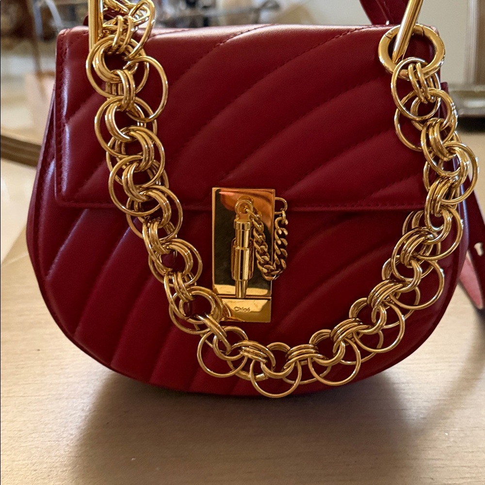 Chloe Quilted Red Crossbody Bag with Gold Chain